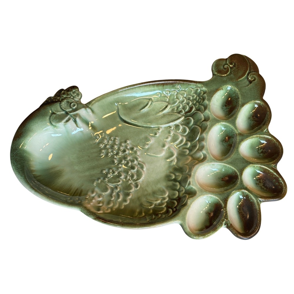Royal Haeger Vintage Hen Chicken Ceramic Deviled Egg Platter Green Glaze Tray